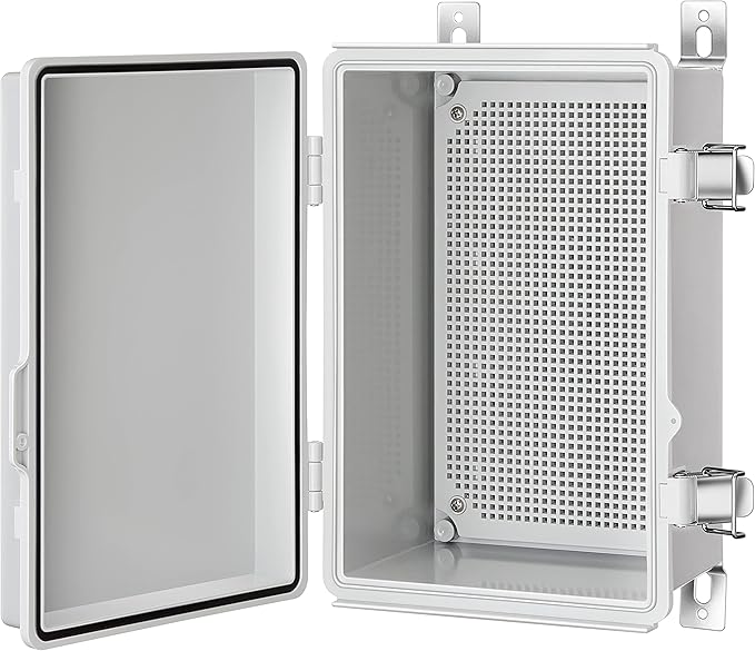 Junction Box, IP67 Waterproof Plastic Enclosure for Electrical Project, Hinged Grey Cover, Includes Mounting Plate and Wall Bracket (Grey Cover, 11.4"×7.5"×5.5")