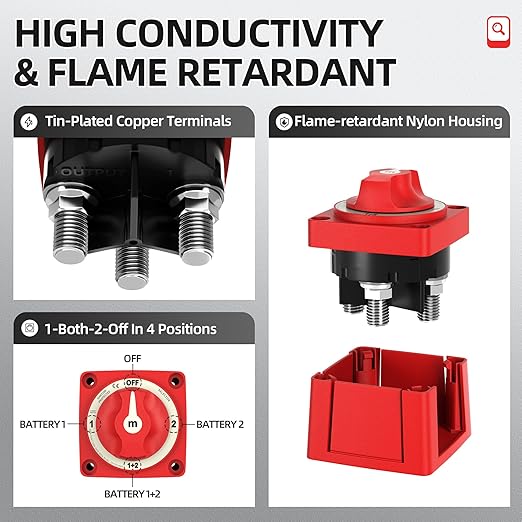 Battery Disconnect Switch 12V-48V 300A Heavy Duty 4-Position Battery Switch Selector, Waterproof Ignition Protected Marine Battery Kill Switch for Car, Boat, RV, Truck, ATV