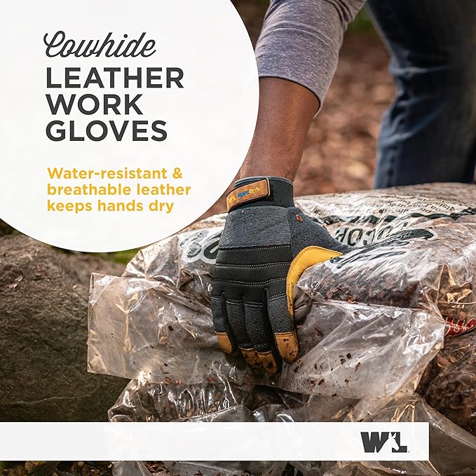 Wells Lamont Men's HydraHyde Work Gloves – Cowhide Leather, Reinforced Fingertips for Durability – Adjustable Velcro Wrist – Ideal for Gardening, Landscaping, Lawn Care – Navy - M