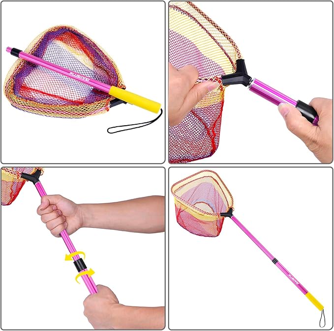 PLUSINNO Kids Fishing Net, Telescopic Lightweight Landing Net with Aluminum Pole Handle and Nylon Mesh, Catch and Release Butterfly Net for Kids Youth Outdoor