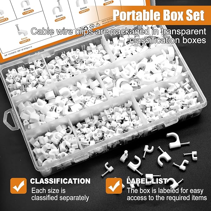 mankk 630PCS Cable Clips Nail in Cable Clips Wire Clips 4/5/6/8/10mm Round & Square Ethernet Cables Wall Clips for Cords RG6 RG59 CAT5 CAT6 RJ45