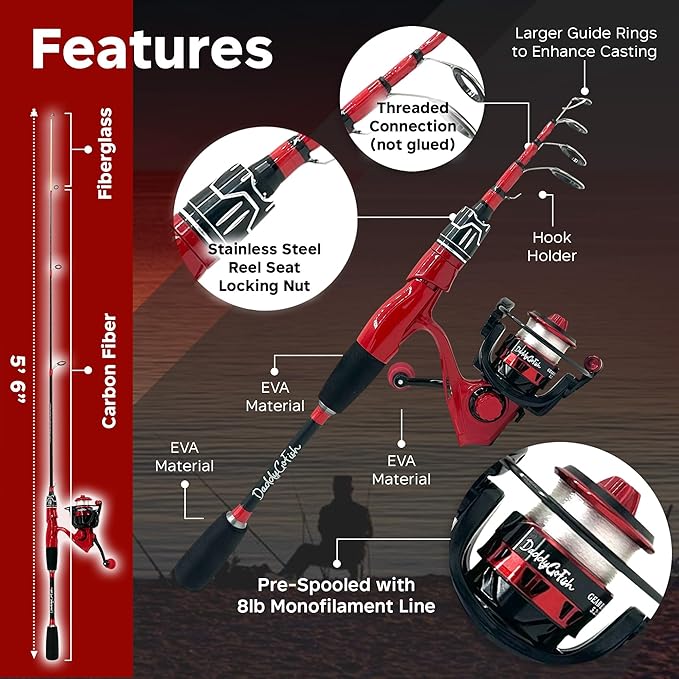 DaddyGoFish Spinning Fishing Rod and Reel Combo Set with Tackle Box | Kids Fishing Pole | Carbon Fiber Telescopic Fishing Rod Kit | Spinning Reel for Travel Saltwater Freshwater Fishing Gear Kit
