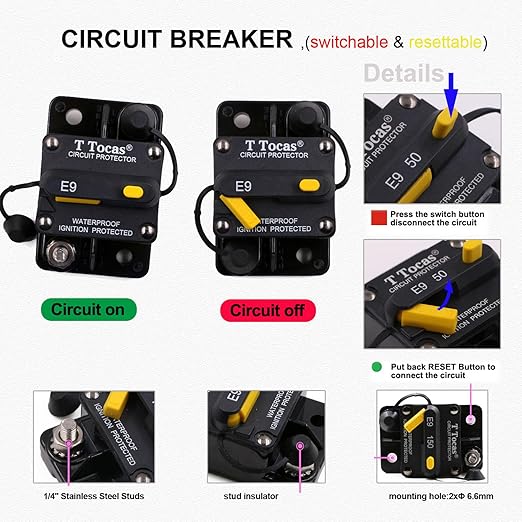 E9 70 Amp Circuit Breakers with Manual Reset | Surface Mount | 12V - 72V DC 70A Switchable