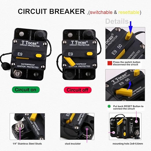 E9 50 Amp Circuit Breaker Surface Mount with Manual Reset | Waterproof IP67 Protection | 12V - 72V DC 50A Swithable