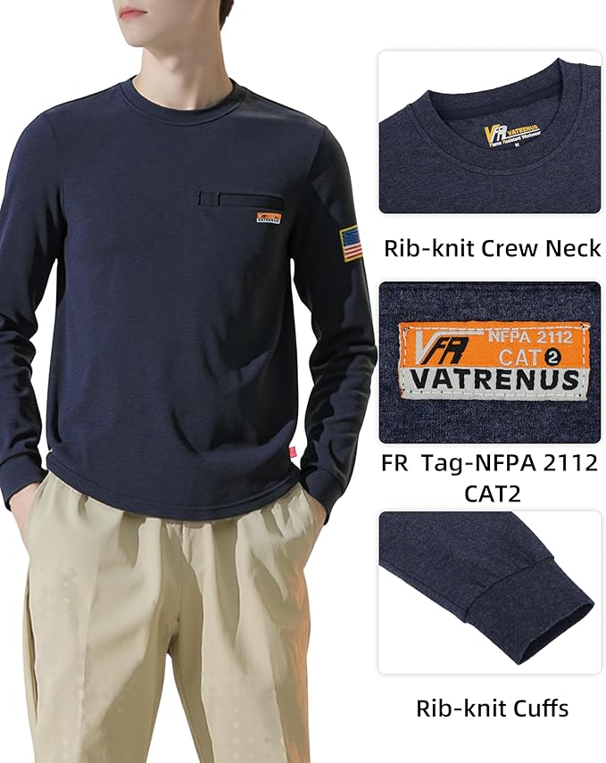 VATRENUS FR Shirt for Men Crewneck Midweight Utility Pocket Fire Resistant Long Sleeve Work Shirts NFPA2112 CAT2