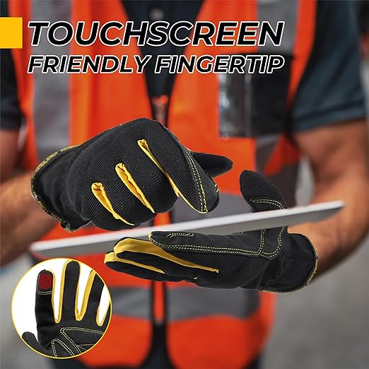 HANDLANDY Work Gloves Mens & Women, Utility Safety Mechanic Working Gloves Touch Screen, Flexible Breathable Yard Work Gloves (2X-Large, Black-Yellwo)