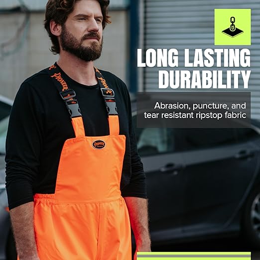 Pioneer Hi Vis Ripstop Waterproof Bib Pants/Overalls for Men - Reflective Safety Work Rain Pants - High Visibility Orange
