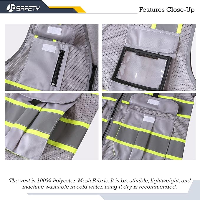 JKSafety 9 Pockets Hi-Vis Mesh Safety Vest for men and women | Chaleco reflectante de seguridad | Zipper Front | Multiple Pockets | Class 1 (140-Grey M)