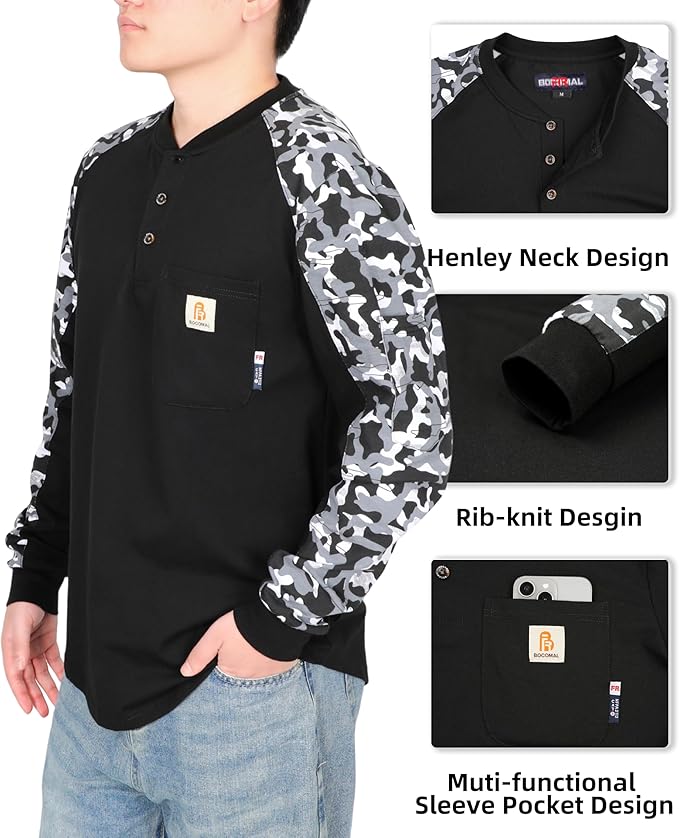 BOCOMAL FR Shirts 6oz Lightweight Flame Resistant Long Sleeve Henley Shirt Fire Retardant Workwear NFPA2112 CAT2