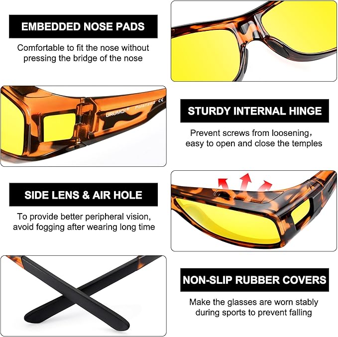 URUMQI Night Vision Driving Glasses Fit Over Eyeglasses for Men Women, Anti Glare Polarized Nighttime Glasses Yellow Lens