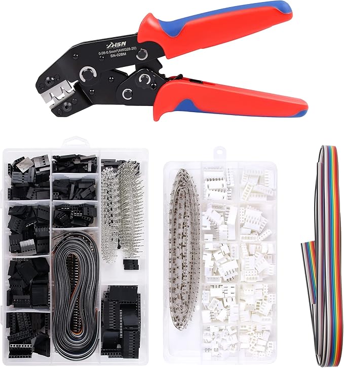 Zhushan SN-02BM Wire Crimp Tool Kit AWG 28-20 (0.08-0.5mm²) Wire Crimper with1550 PCS 2.54mm Dupont Connectors and 460 PCS 2.54mm JST-XH Connectors