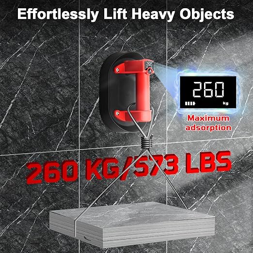 Electric Vacuum Suction Cup, Glass Suction Cup, Tile Suction Cup, Tile Tools, 573LBS Lifter with Digital Display,8H Battery Life,Auto Start Pump, Suitable for Glass,Metal,Windshield,1Pack