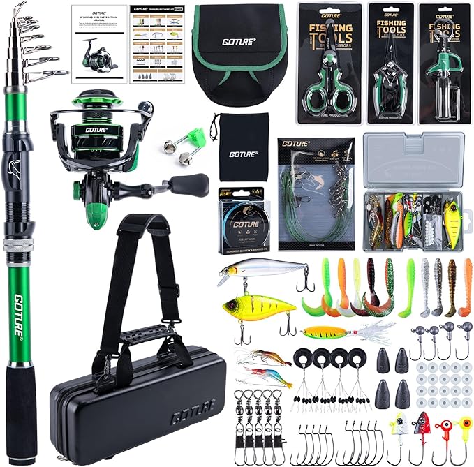 Goture Fishing Poles and Reels Combo - Green Telescoping Fishing Rod Portable Travel Kit with Carrier Bag for Freshwater Saltwater