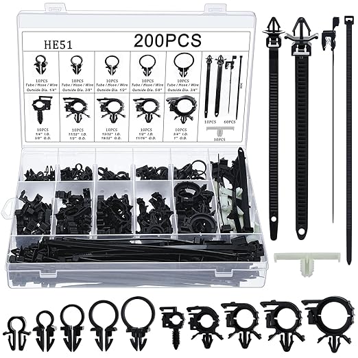 200pcs Car Wire Loom Routing Clips Push Mount Cable Tie Assortment 15 Sizes Cable Zip Tie with Car Wire Loom Routing Clips Universal Wiring Harness Clip Replacement Parts for Automotive