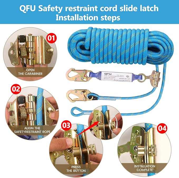 Heavy Duty Fall Protection Rope for roof & tree climbing. Includes safety harness, alloy steel clips, shock-absorbing lanyard