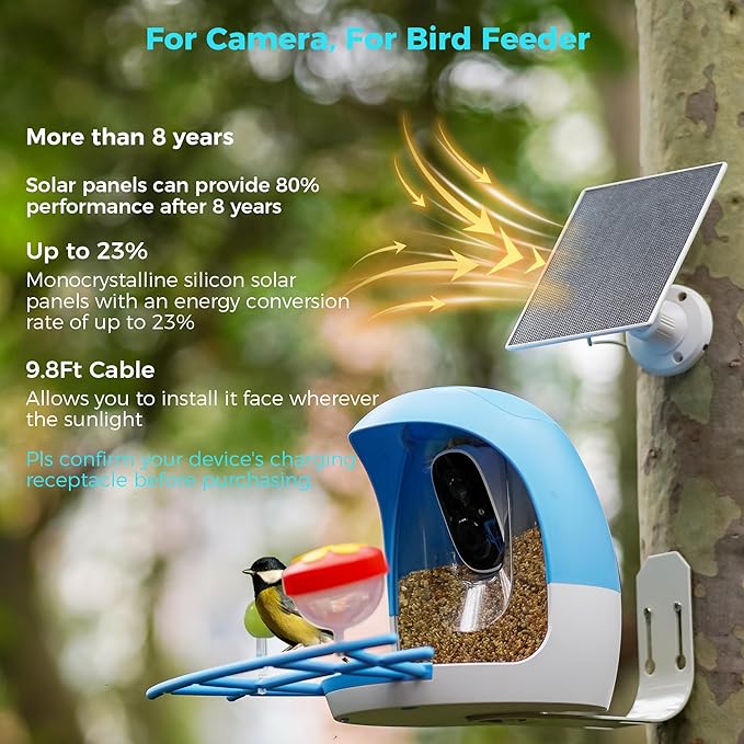 5V Solar Panel for Seucrity Cameres, For Bird Feeder Trail Cam, Ring Tapo Eufy Vicohome Eseecloud, Native USB-C, Micro-USB & DC 3.5mm*1.35mm 9.8 Ft Cable 23% Energy Conversion 180 Days Exchange Policy