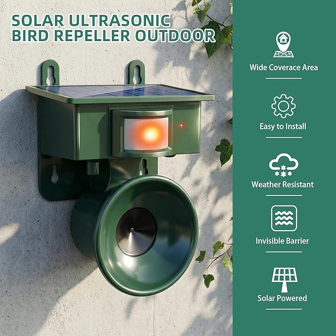2026 Solar Ultrasonic Bird Repellent Devices Outdoor Solar Woodpecker Deterrent for House Outdoor Waterproof Pigeon Deterrents for Outside to Keep Pigeon Crows Starlings Out of Yard Garden Balconies