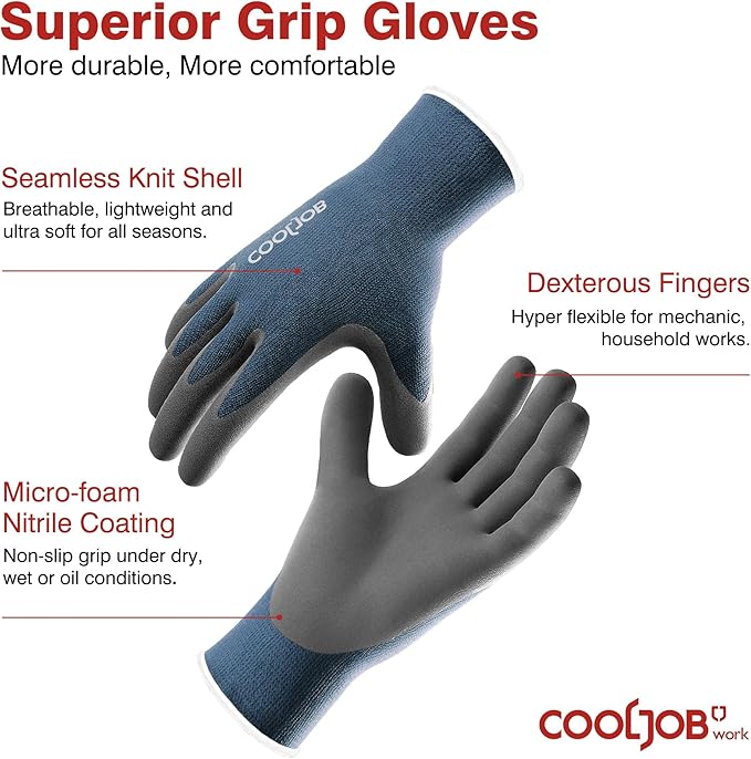 COOLJOB Gardening Gloves for Men, 2 Pairs Breathable Rubber Coated for Garden Weeding Landscaping, Outside Work for Lawn Yard, Men's Small Size, Black & Blue