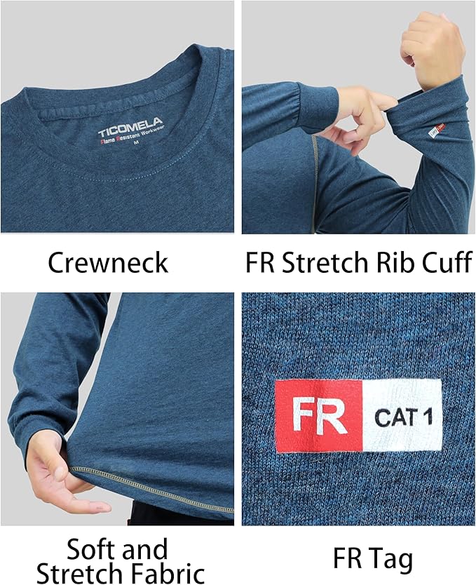 TICOMELA FR Shirts for Men 4oz Lightweight Flame Resistant Crewneck T-Shirts 100% Cotton Fire Retardant Henley Shirts