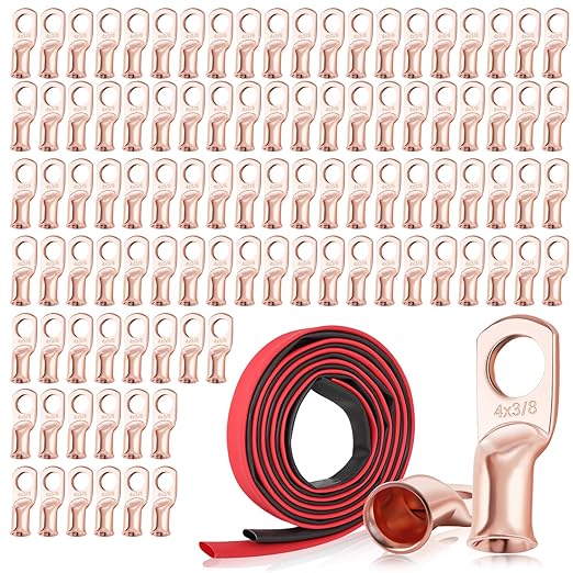 XHF 100PCS 4AWG-3/8 Heavy Duty Battery Lugs with 3:1 Heat Shrink Tubing, Ring Terminals Battery Cable Ends Copper Eyelets Electrical Battery Connectors
