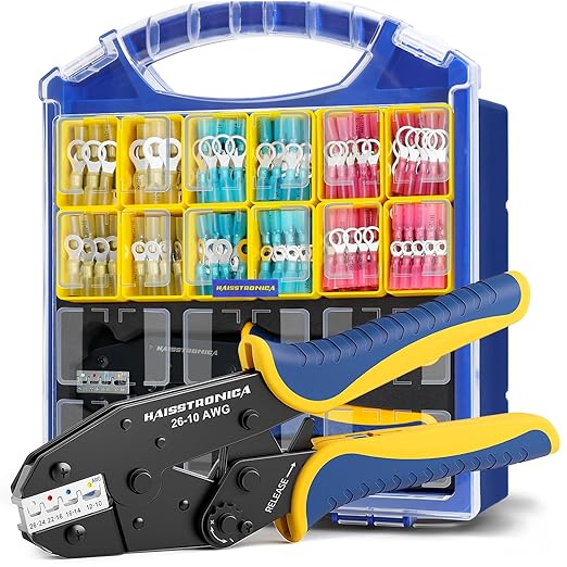 haisstronica 300PCS Heat Shrink Wire Connectors Set, 22-10AWG Marine Grade Heat Shrink Ring Connectors with 9" Crimping Tool and Organizer (3Color/12Size)