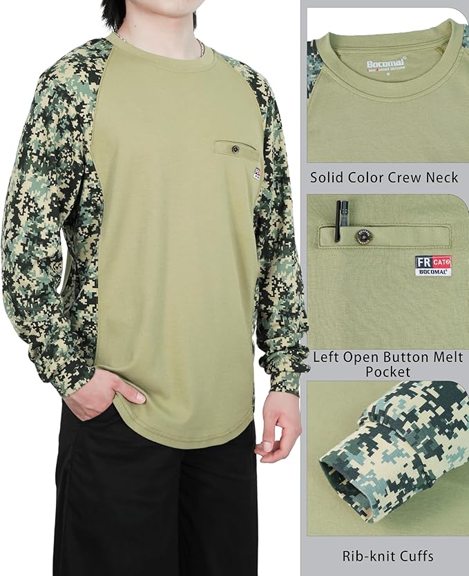 BOCOMAL FR Shirts Crewneck 5.5oz Lightweight Cotton Paisley Camo Two-Tone Flame Resistant Long Sleeve CAT2 Work Shirt