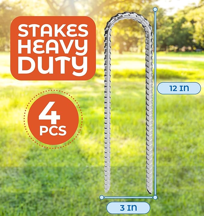 Happin® Trampoline Stakes, Trampoline Accessories, Ground Stakes Heavy Duty, Ground Anchors Screw in, Rebar Stakes, Tent Anchors, Yard Spikes, Galvanized Steel (4 Pack, Silver)
