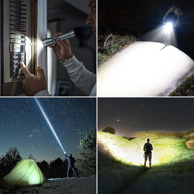 WdtPro LED Rechargeable Flashlight 2 Pack, Super Bright Zoomable 6000 Lumens Tactical Flashlight with LCD Digital Display, 3 Mode Waterproof Flash Light for Camping, Hunting & Home Emergency - Grey