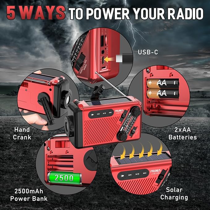 PRUNUS J-361 Emergency Weather Radio, 9250mWh Power Bank,AA Batteries/Hand Crank/Solar/USB Charging, NOAA/AM/FM, LED Flashlight,SOS Alarm & Flashlight, 1 Pack