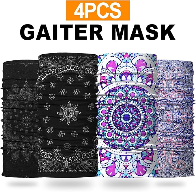 4Pack Neck Gaiter for Men Women Face Cover Mask Head Wrap Balaclava Headwear Bandana Headband Magic Scarf