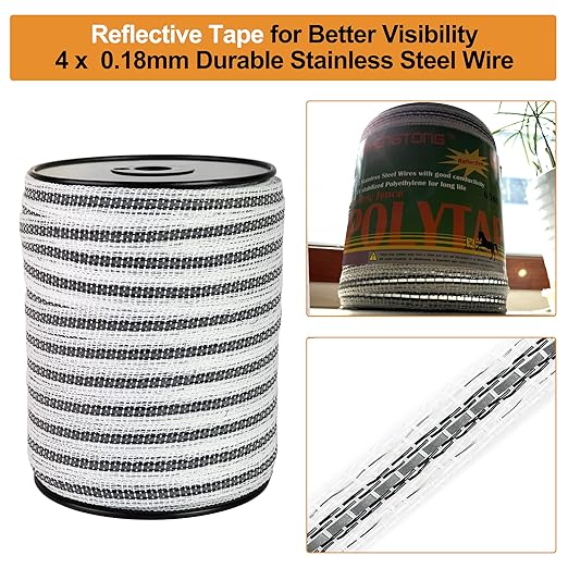 Upgraded Electric Fence Poly Tape with Reflective Strip, 656ft(200m) Horse Fencing Tape, 3/5"(15mm) Fence Tape, 4 x 0.18mm Strong Stainless Steel Conductors