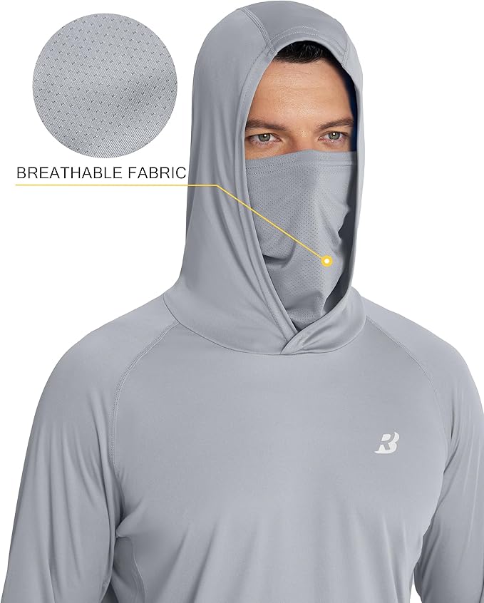 Roadbox Men's UPF 50+ Hooded Fishing Shirts Long Sleeve Sun Protection Hoodie, Hiking Running Swimming Rash Guard with Mask