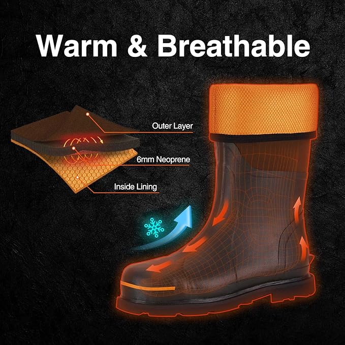 TIDEWE Rubber Work Boot for Men with Steel Toe & Shank, Waterproof Anti Slip Hunting Boot, 6mm Neoprene Hunting Boot for Manufacturing, Construction, Farming, Black,Brown, Size 7-13
