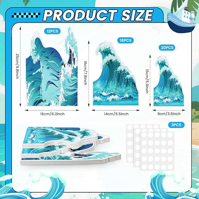 48 Pcs Ocean Waves Stickers 3 Sizes Ocean Theme Party Decorations Set Blue Turquoise Waves Cutouts for Sea Beach Border Trim Blue Wave Waterproof Home Office Wall Decor with Adhesive Dots