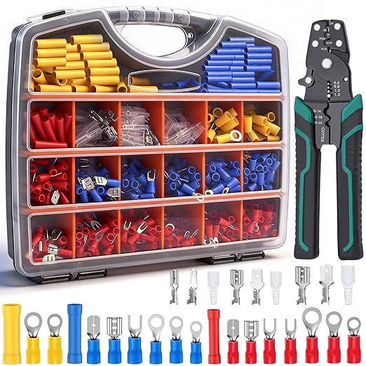 smseace 1100Pcs Crimp Wire Connectors with Crimping Tool Packed in Handheld Box 22-10AWG Insulated Wire Crimp Spade/Fork/Ring/Butt Electrical Speaker Wire Connector