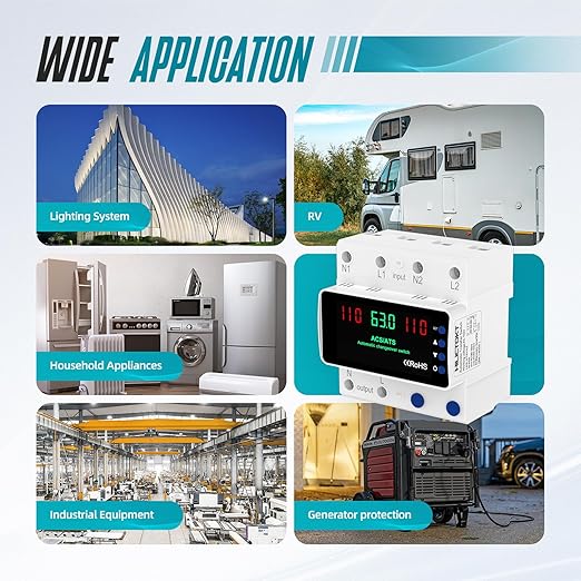 Automatic Transfer Switch 63A 110V, Manual Changeover Switch DIN Rail Mount, 63Amp AC 2P Dual Power Mini ATS with LED Display for Home Generator & Gas Furnace, Adjustable Voltage 50/60Hz CE Certified