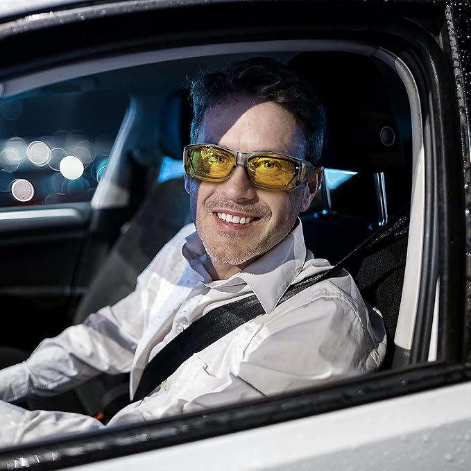 URUMQI Night Vision Driving Glasses Fit Over Eyeglasses for Men Women, Anti Glare Polarized Nighttime Glasses Yellow Lens
