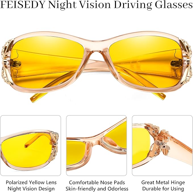 FEISEDY Classic Womens Night Glasses Driving Anti Glare Wrap Around Yellow Sunglasses B2548
