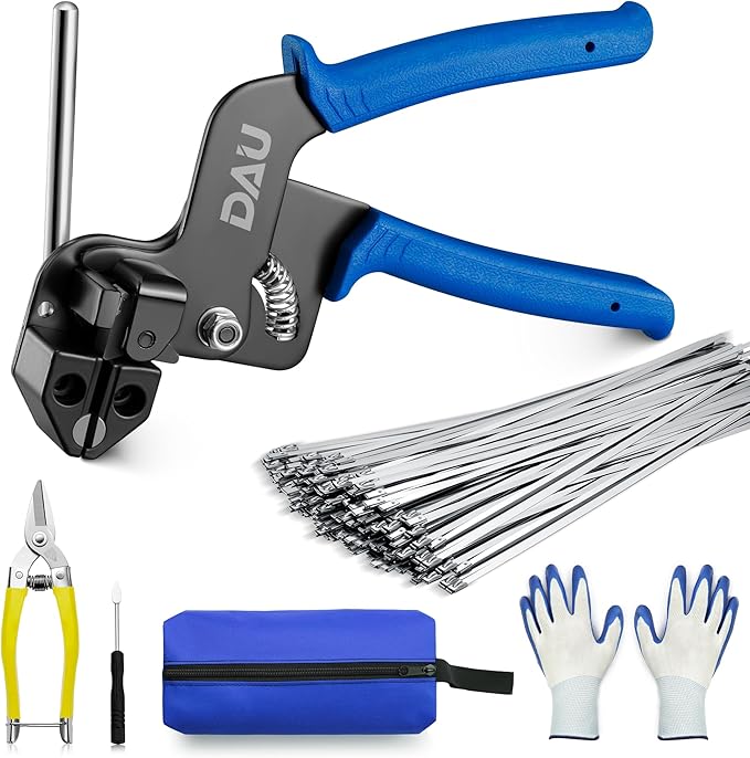 DAU Stainless Steel Cable Tie Gun Kit-150PCS Metal Zip Ties (3 Sizes), Tensioning/Cutting Tool for Fencing, Chicken Coop, Cable Bundling, Exhaust Repair & Structural Reinforcement