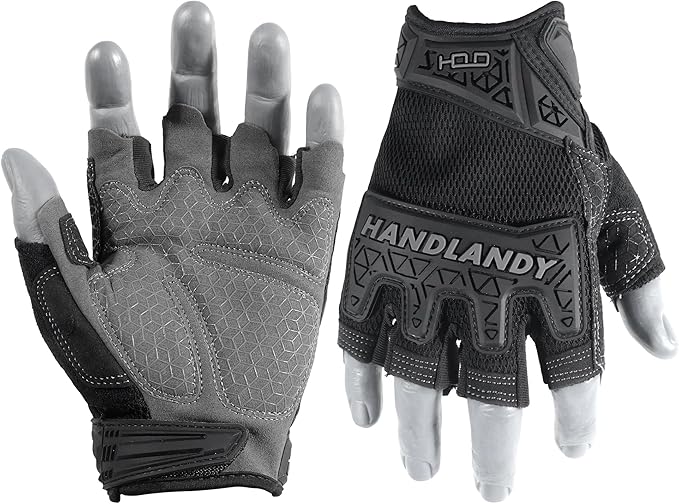 HANDLANDY Fingerless Work Gloves for Mens & Women, Uwrist Half Finger Shock-Absorbing Breathable Glove
