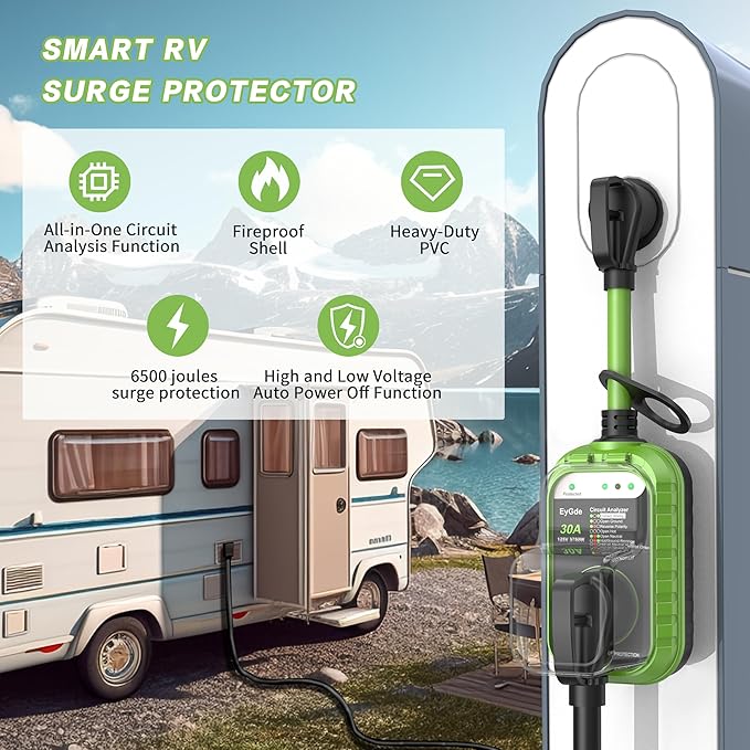 EyGde RV Surge Protector 30 Amp, RV Circuit Analyzer with Waterproof Cover, RV Accessories Power Voltage Protection Guard for Camper Travel Trailers