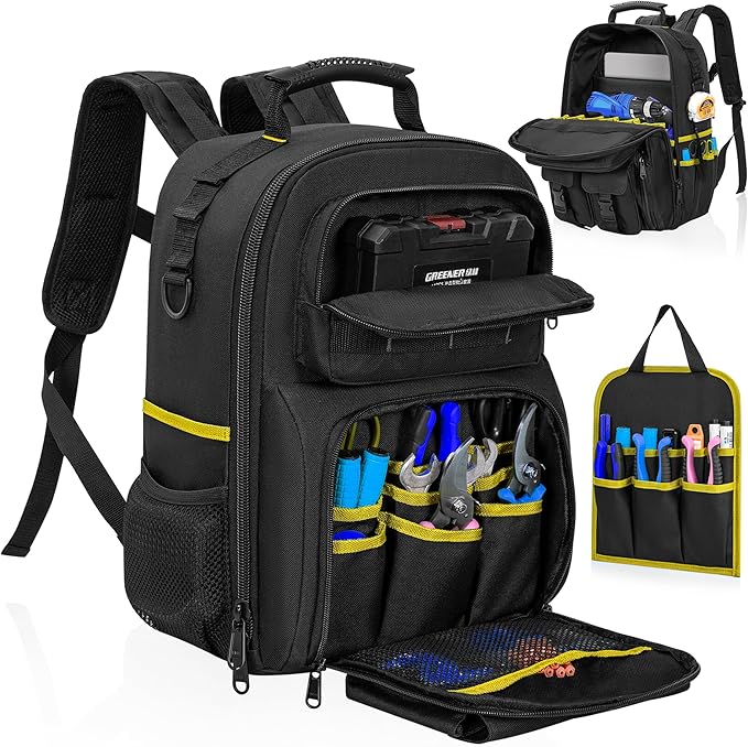 Tool Backpack, Heavy Duty Tool Bag with Padded Shoulder and Removable Tool Organizer, Water-Resistant Work Backpack, for Electrician, Plumber, HVAC, Cable Repairman, Black & Yellow