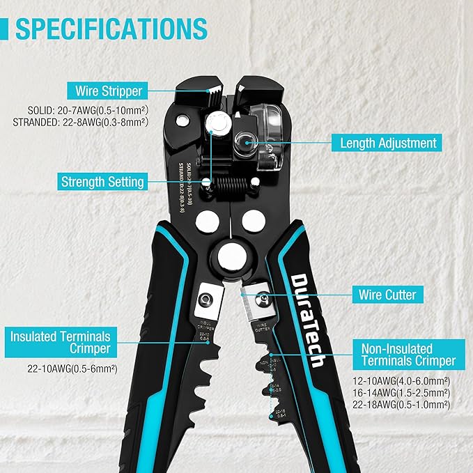 DURATECH Self-Adjusting Wire Stripper, 3-in-1 Automatic Wire Stripper Tool for 22-7 AWG Stripping and 22-10 AWG Crimping, Stripping/Crimping/Cutting Tool for Electrical Work