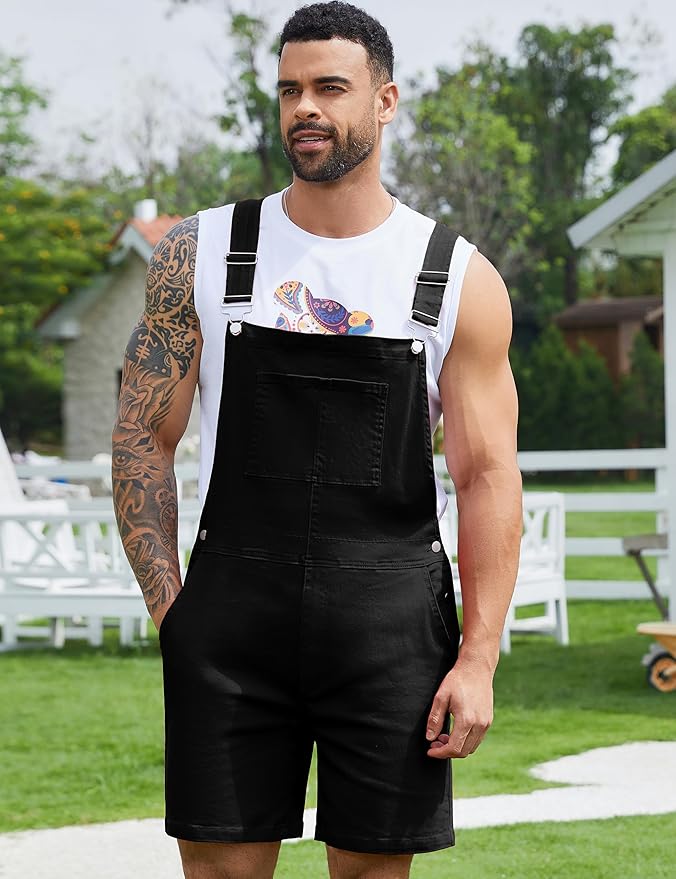 Bindefon Denim Overalls for Men Jean Shorts Jumpsuit Work Bibs Coveralls with Zipper