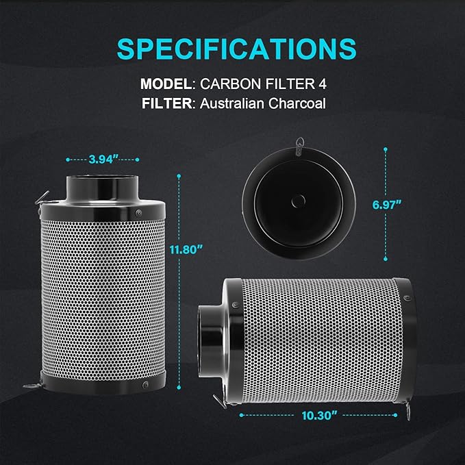 HealSmart 4 Inch Air Carbon Filter 4" Premium Australian Virgin Charcoal Smelliness Control, Fit with Inline Duct Fans, Free Pre-Filter, Reversible Flange and Hook for Grow Tents, and Hydroponics