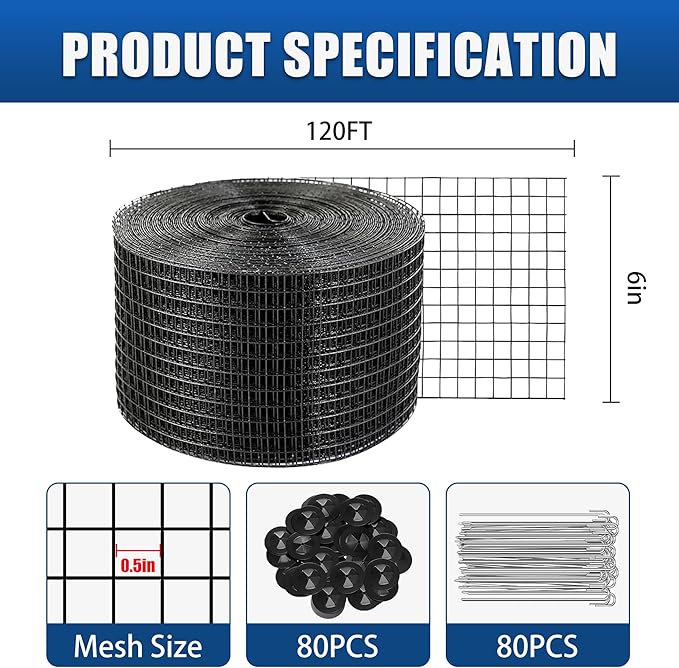 6in x 120ft Solar Panel Bird Mesh Black PVC Coated Steel Solar Panel Bird Guard Proofing| 80 Fastener Clips Prevents Birds, Pigeons, and Critter Guard from Getting Under The Solar Panels