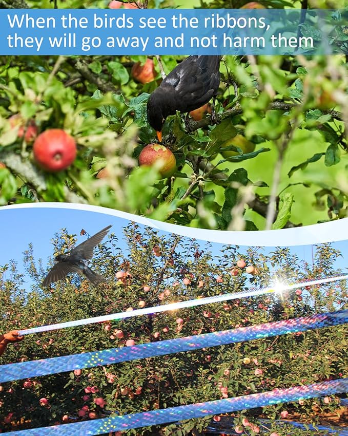2×502 Ft Bird Scare Tape Ribbon, Double Sided Holographic Flash Reflective Bird Tape, Deterrent Visual Audible Bird Repellent Devices for Outdoor, Garden, Balcony (Irregular)
