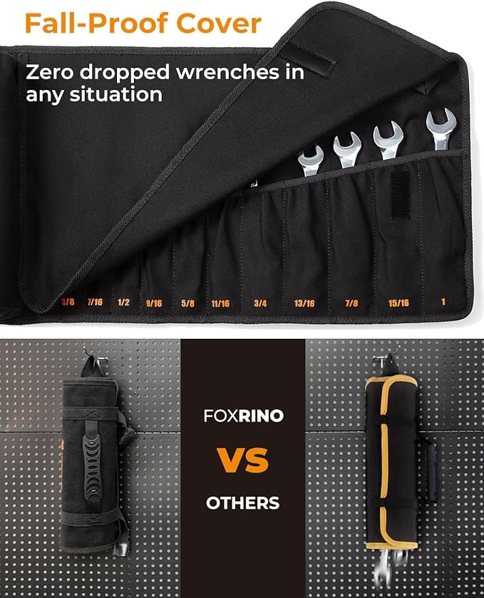 Wrench Roll, Wrench Roll Up Pouch, 13-Pocket Heavy Duty Canvas Wrench Organizer Bag for SAE Combination Wrenches, Portable Tool Roll Bag, Gifts for Men for Christmas(Black, 13+1 SAE)