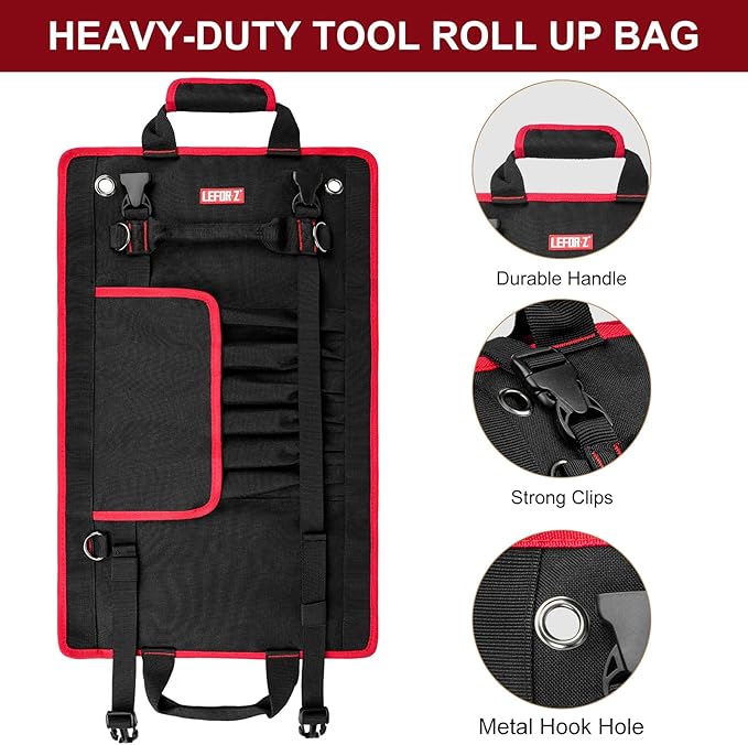 Tool Bag,Large Roll Up Tool Bag Organizer,13 Pockets Tool Roll Storage Pouch,Heavy Duty Portable Tool Storage Carrier Bag for Men,Mechanic,Electrician,Valentines Day Gifts for Men,Black/Red