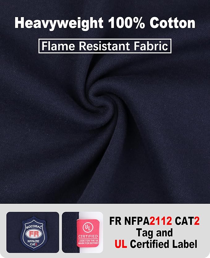 BOCOMAL FR Shirts Crewneck 7oz Midweight Flame Resistant Clothing NFPA2112 CAT2 Men's Fire Retardant Work Shirt